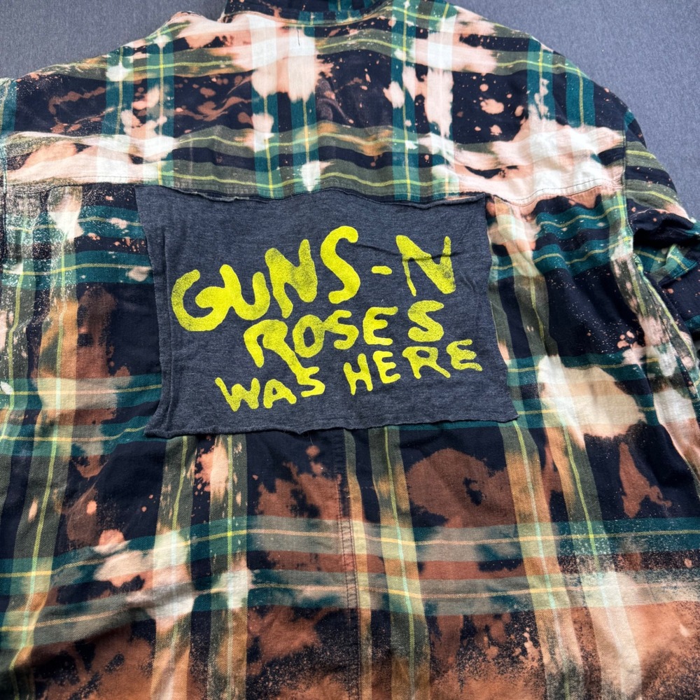 Guns N Roses Patch Boyfriend Style Custom Bleached Plaid Flannel‎ Shirt  XL